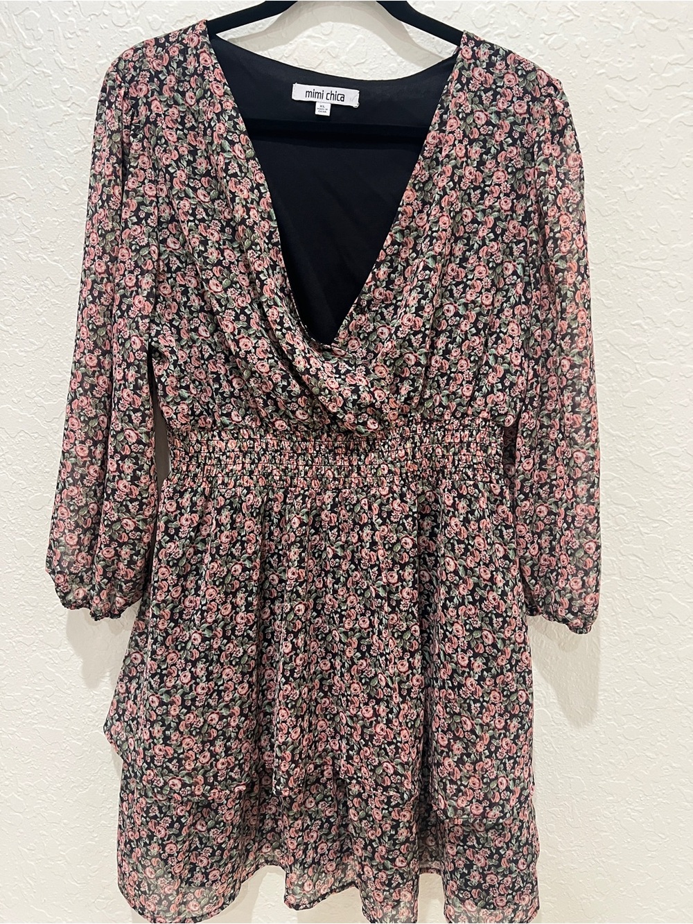 Mimi Chica Black & Pink Floral Long Sleeve V-Neck Smocked Waist Dress
